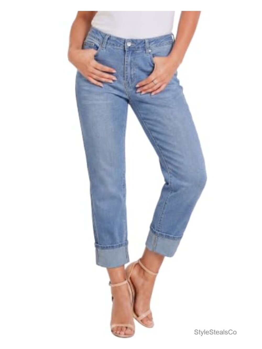 High Waisted Cropped Straight Leg Stretch Jeans Cuffed Hem Distressed